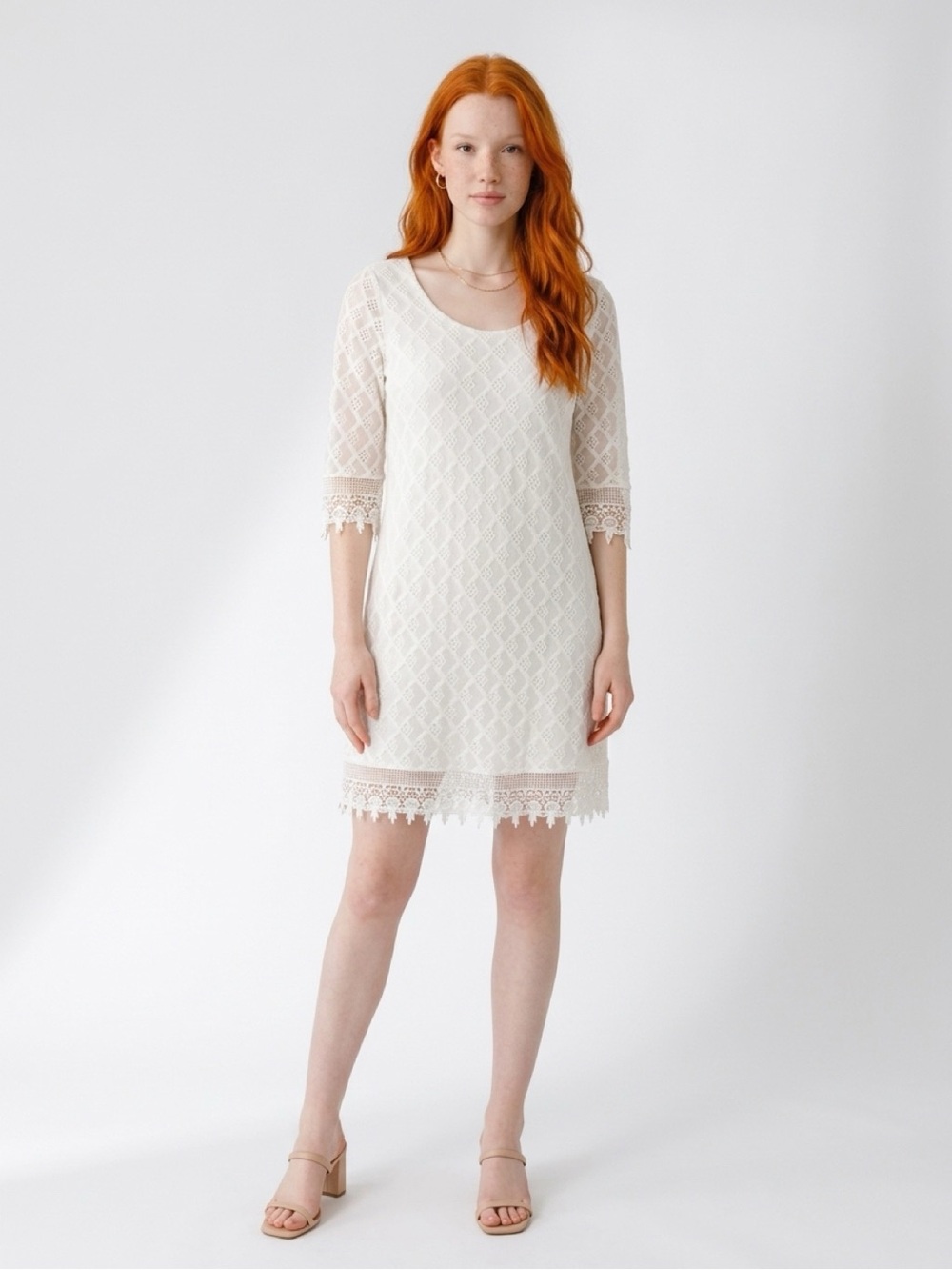 Bellambra Italy NWT White Diamond Lace Shift Dress Crochet Hem Boho